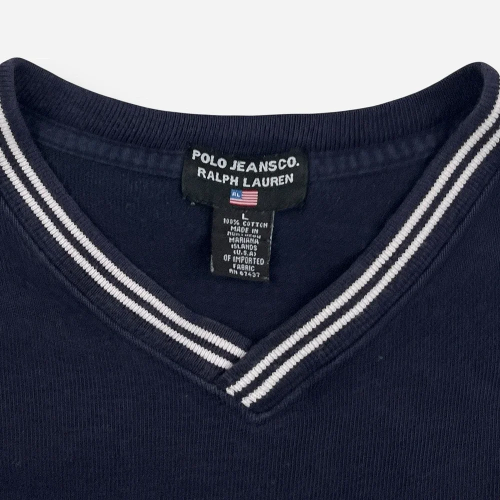 Vintage Polo Jeans Ralph Lauren Sweater Mens Large Pullover Blue‎ VNeck Cotton